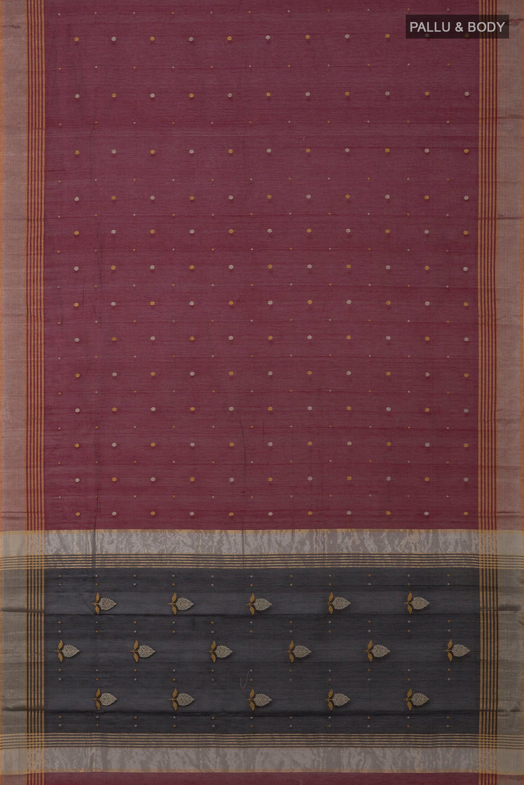 Flat view of Maroon Chanderi Silk Cotton Saree with Zari Butta on the body and Zari Border. 
