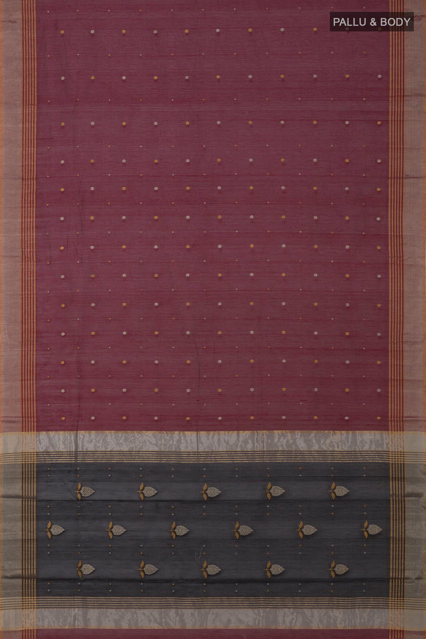 Flat view of Maroon Chanderi Silk Cotton Saree with Zari Butta on the body and Zari Border. 