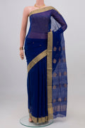 Blue Chanderi Silk Cotton Saree with Zari Butta on the body and Zari Border.  displayed on a mannequin