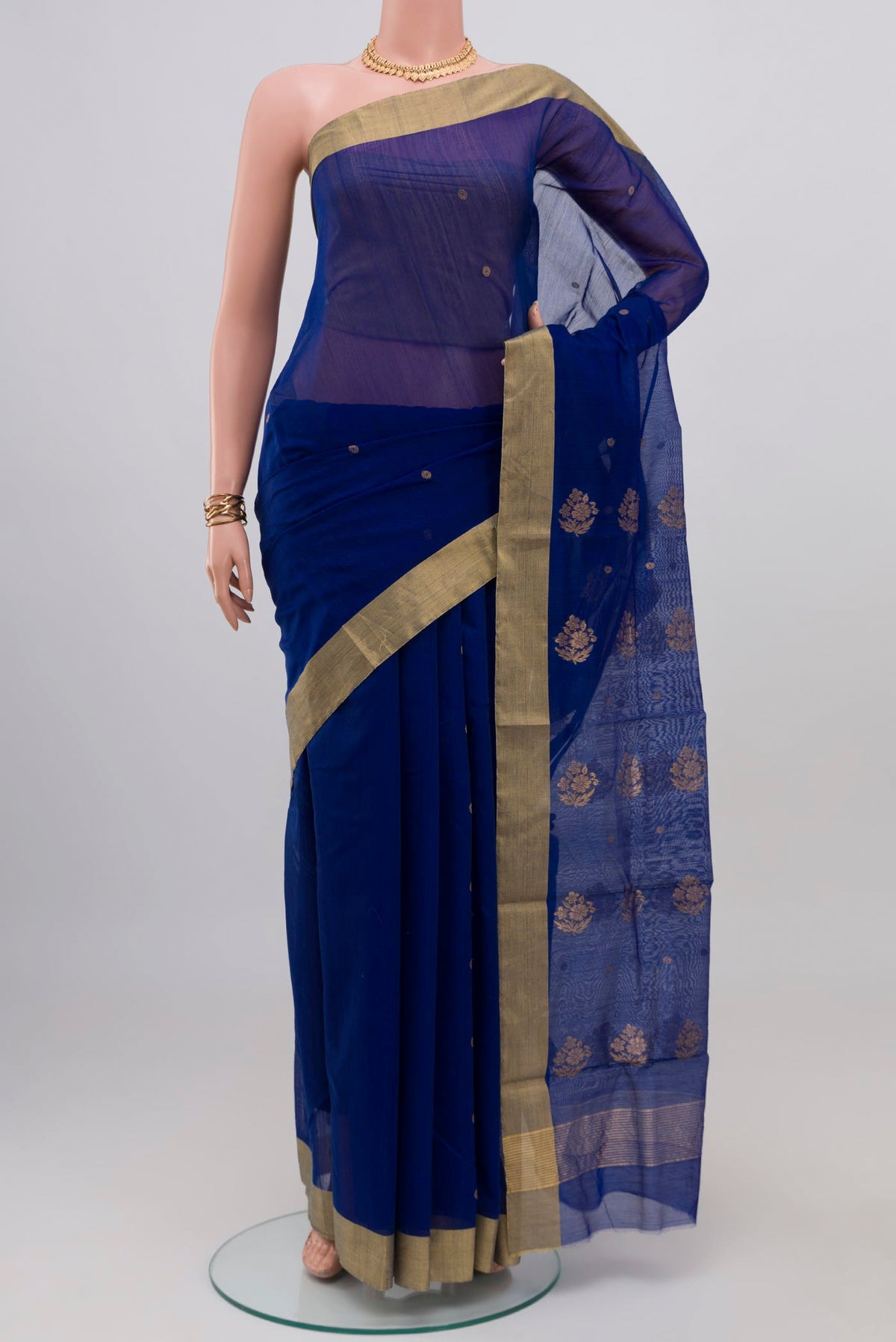 Blue Chanderi Silk Cotton Saree with Zari Butta on the body and Zari Border.  displayed on a mannequin