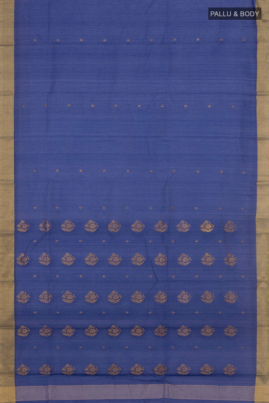 Flat view of Blue Chanderi Silk Cotton Saree with Zari Butta on the body and Zari Border. 