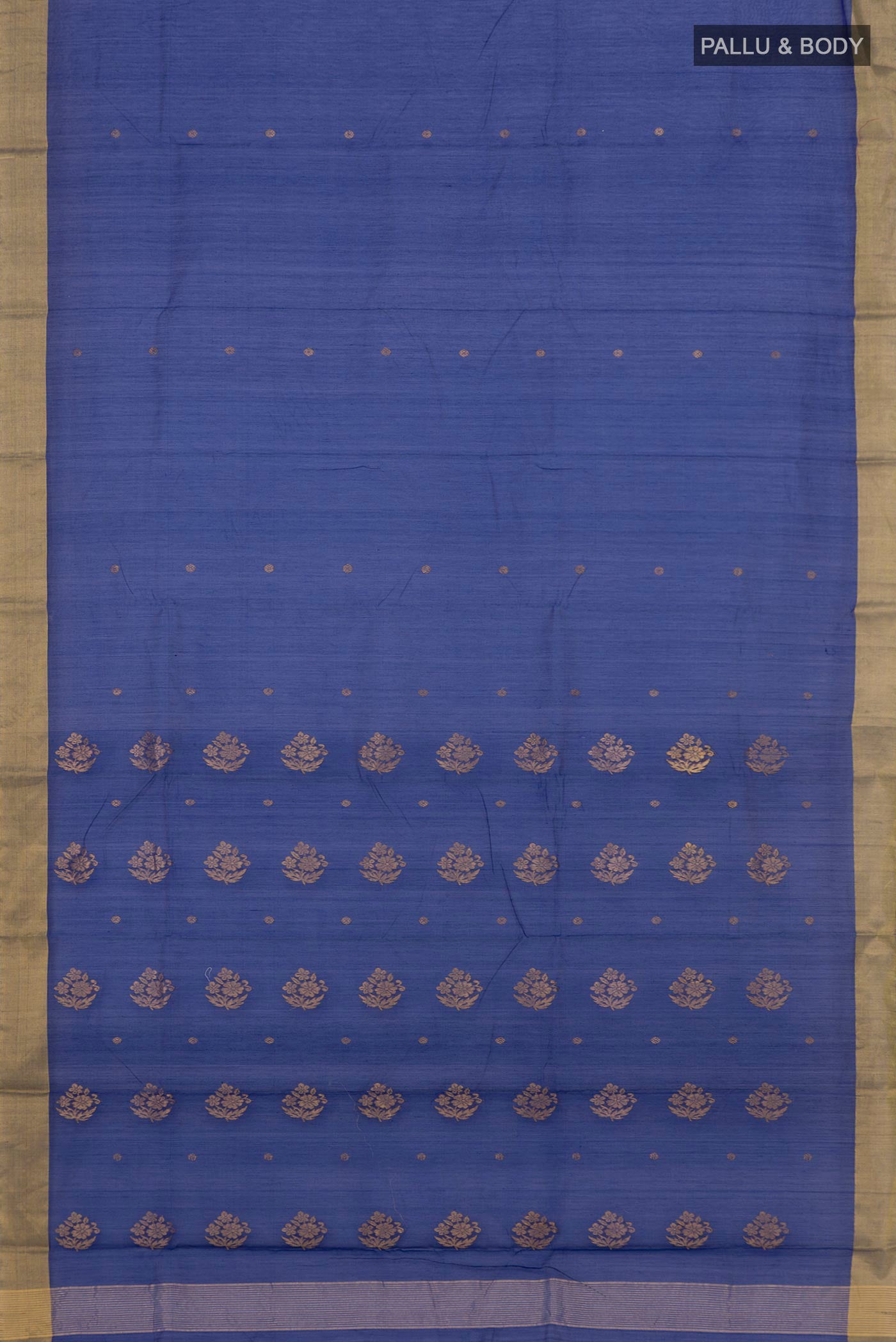 Flat view of Blue Chanderi Silk Cotton Saree with Zari Butta on the body and Zari Border. 