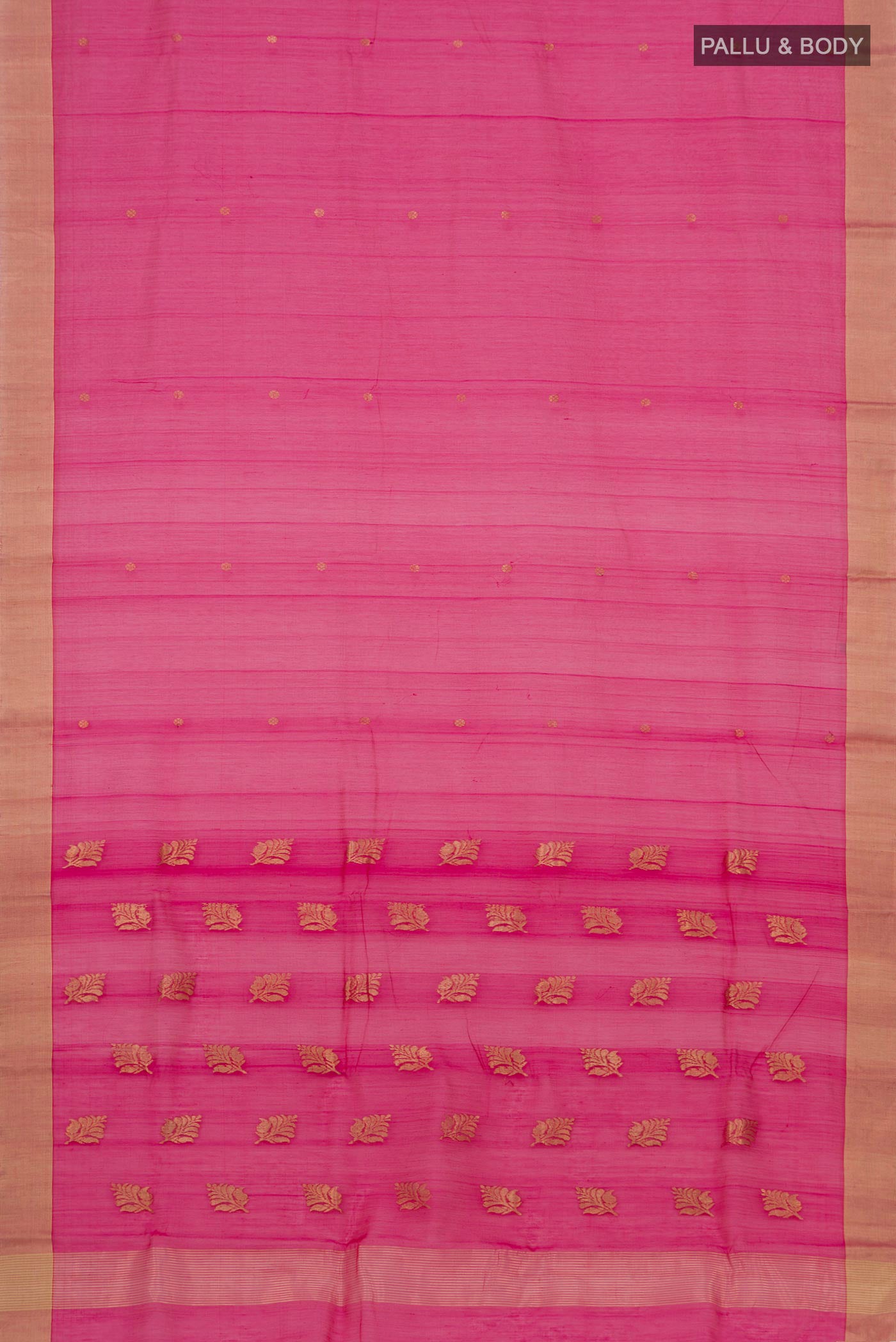 Flat view of Dark Pink Chanderi Silk Cotton Saree with Zari Butta on the body and Zari Border. 
