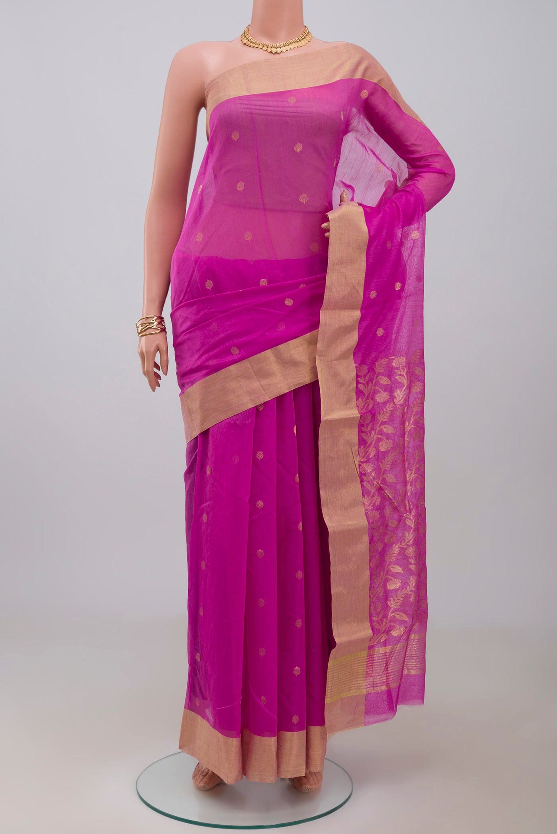 Pink Chanderi Silk Cotton Saree with Zari Brocade on the body and Zari Border.  displayed on a mannequin