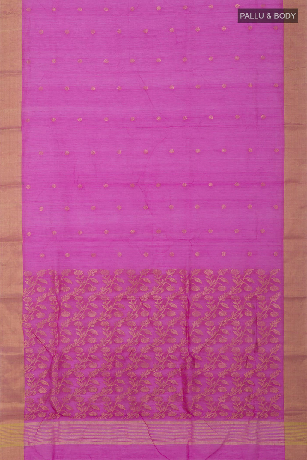 Flat view of Pink Chanderi Silk Cotton Saree with Zari Brocade on the body and Zari Border. 