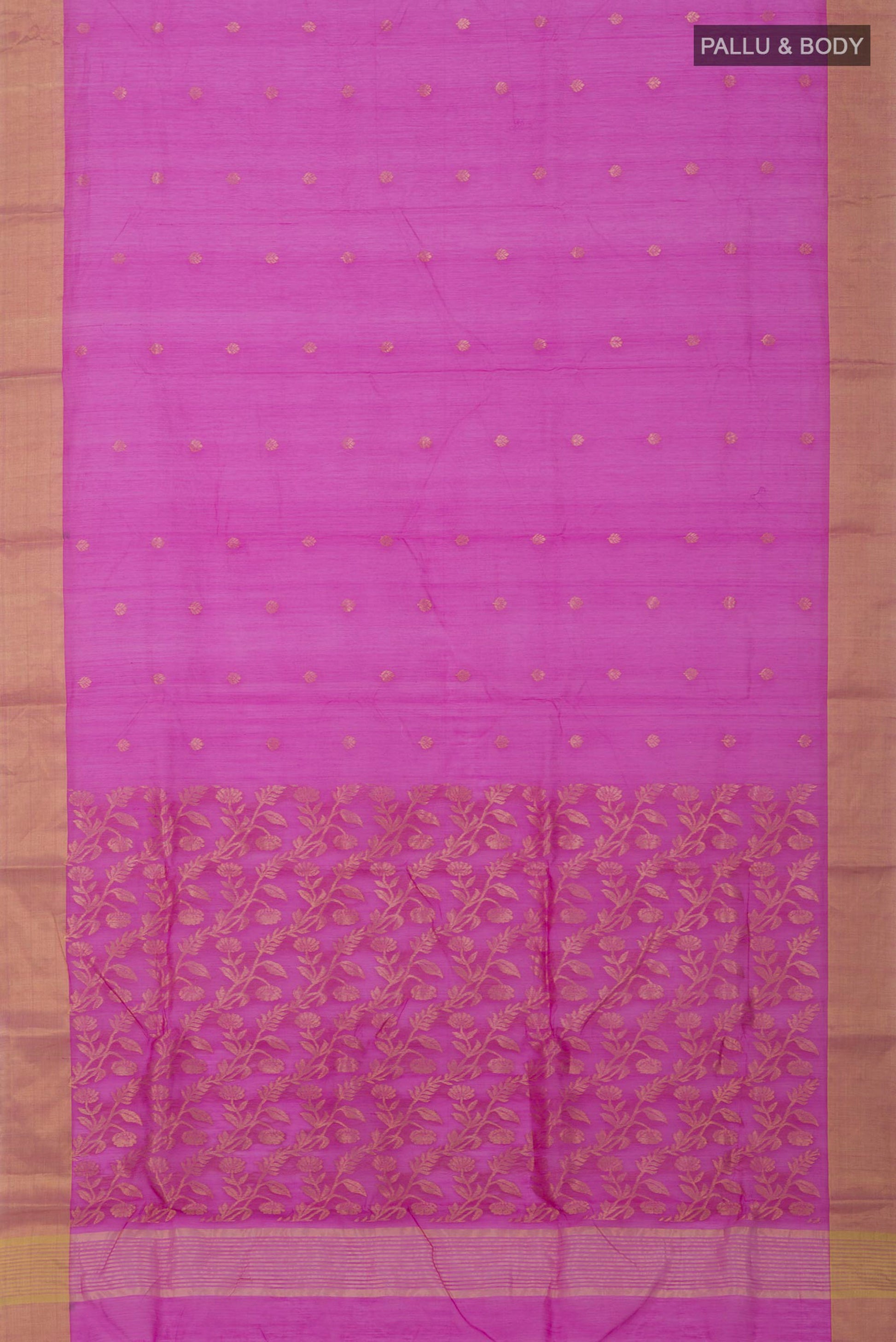 Flat view of Pink Chanderi Silk Cotton Saree with Zari Brocade on the body and Zari Border. 