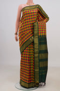 Pure Silk Multi Color Kanchipuram Nine Yards Saree with Checked design on the body and Zari Border.  displayed on a mannequin