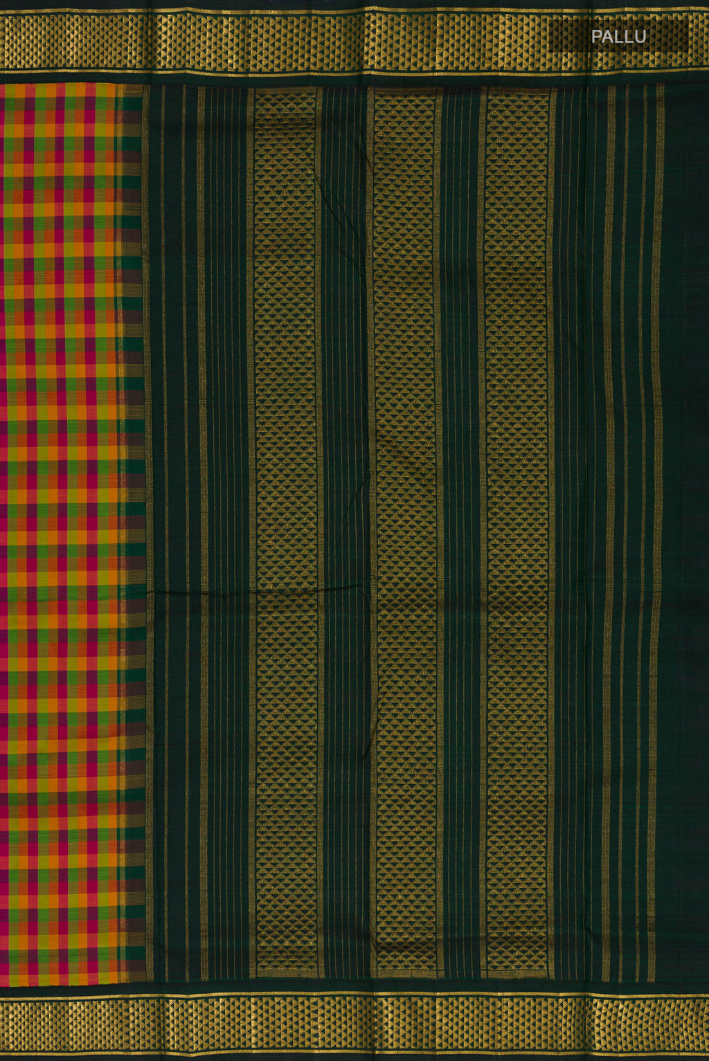 Close up image of the pallu of Pure Silk Multi Color Kanchipuram Nine Yards Saree with Checked design on the body and Zari Border. 