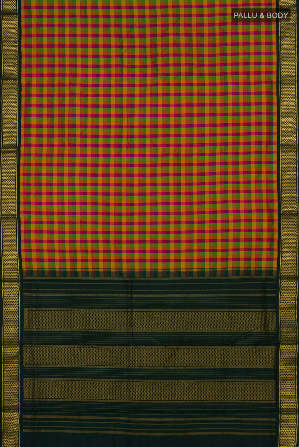 Flat view of Pure Silk Multi Color Kanchipuram Nine Yards Saree with Checked design on the body and Zari Border. 