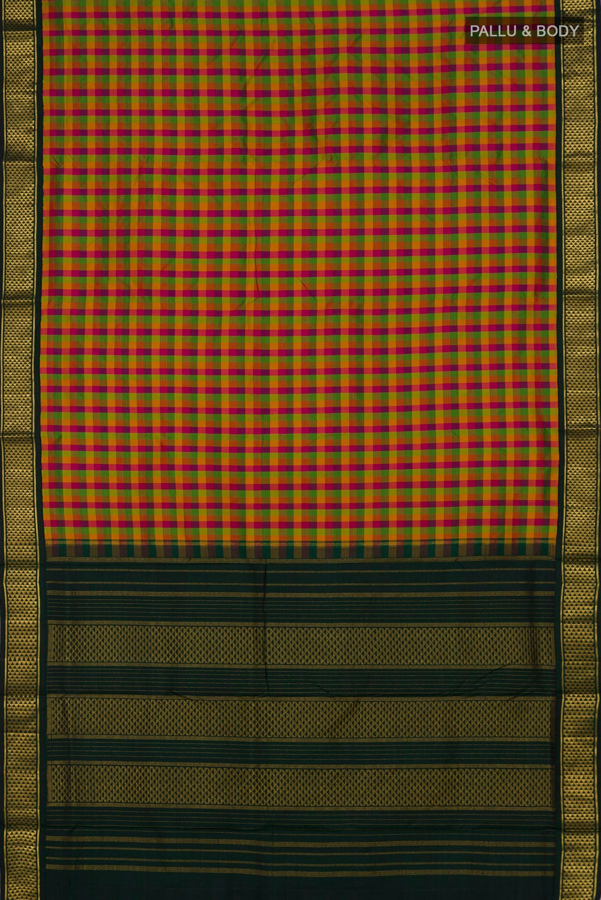 Flat view of Pure Silk Multi Color Kanchipuram Nine Yards Saree with Checked design on the body and Zari Border. 