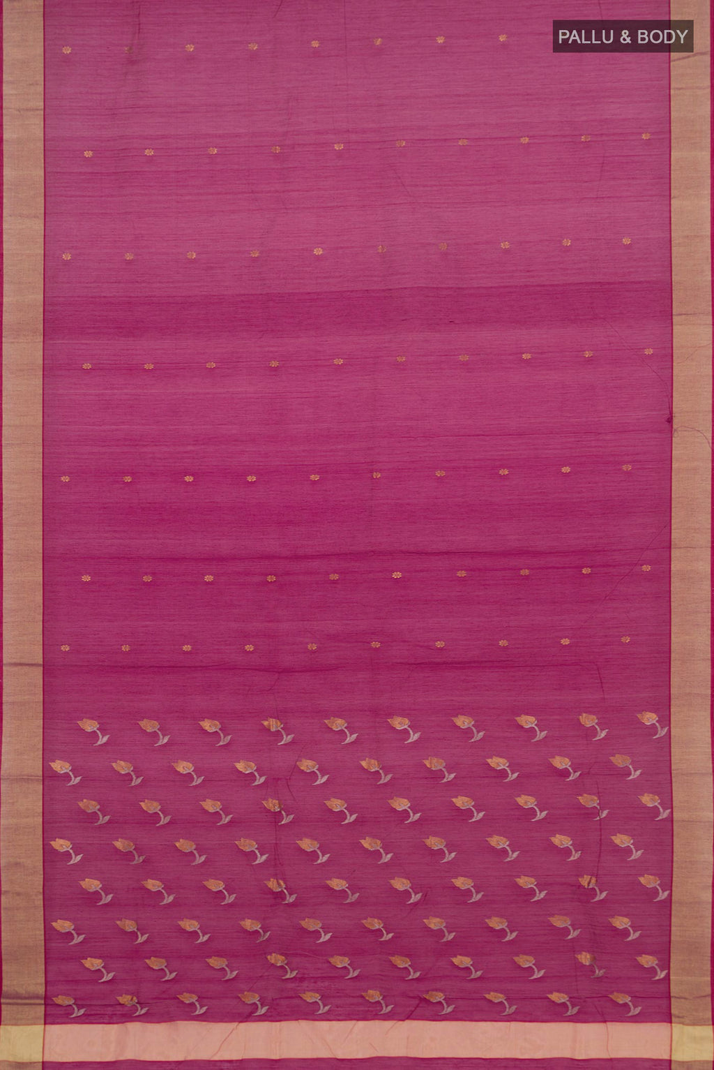 Flat view of Purple Chanderi Silk Cotton Saree with Zari Butta on the body and Zari Border. 