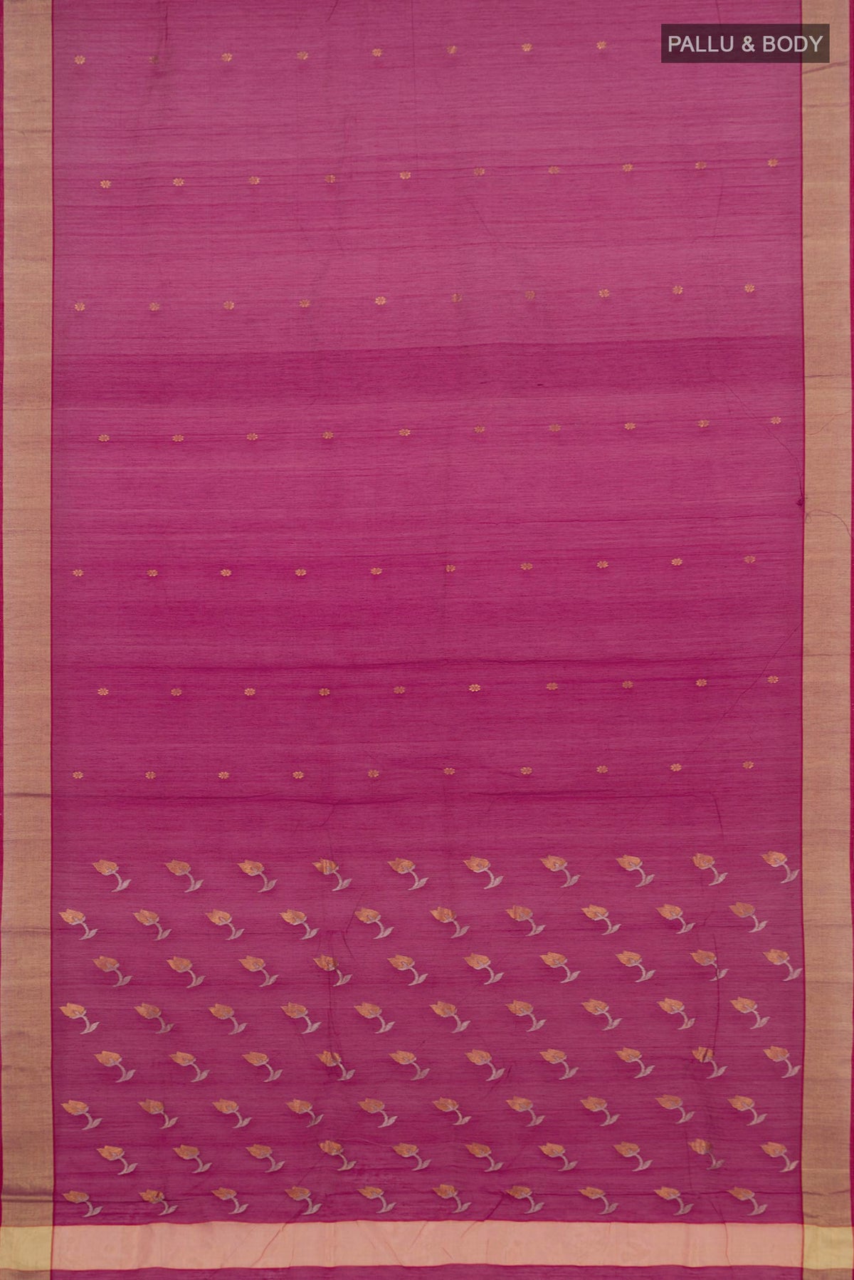 Flat view of Purple Chanderi Silk Cotton Saree with Zari Butta on the body and Zari Border. 
