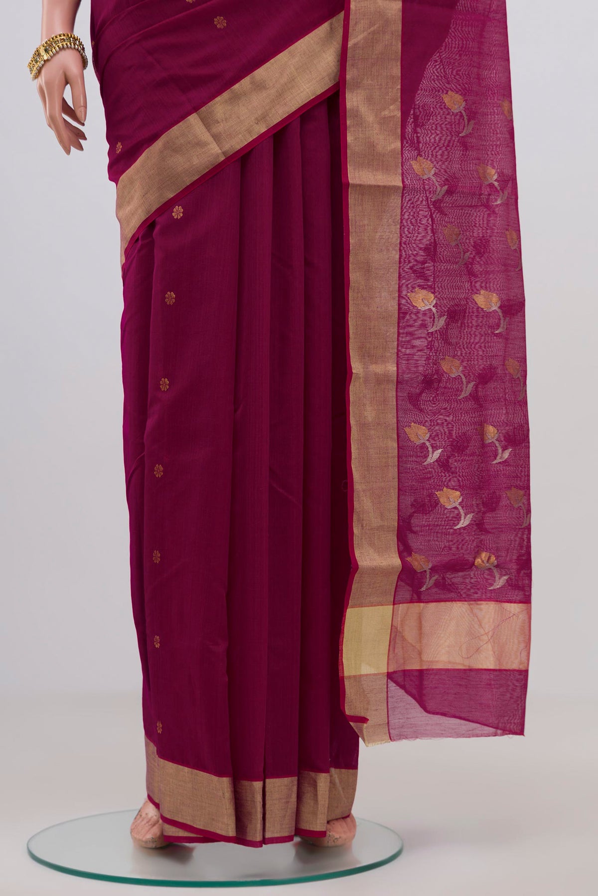 Pleats and pallu of Purple Chanderi Silk Cotton Saree with Zari Butta on the body and Zari Border. 