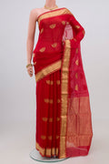 Red Chanderi Silk Cotton Saree with Zari Butta on the body and Zari Border.  displayed on a mannequin