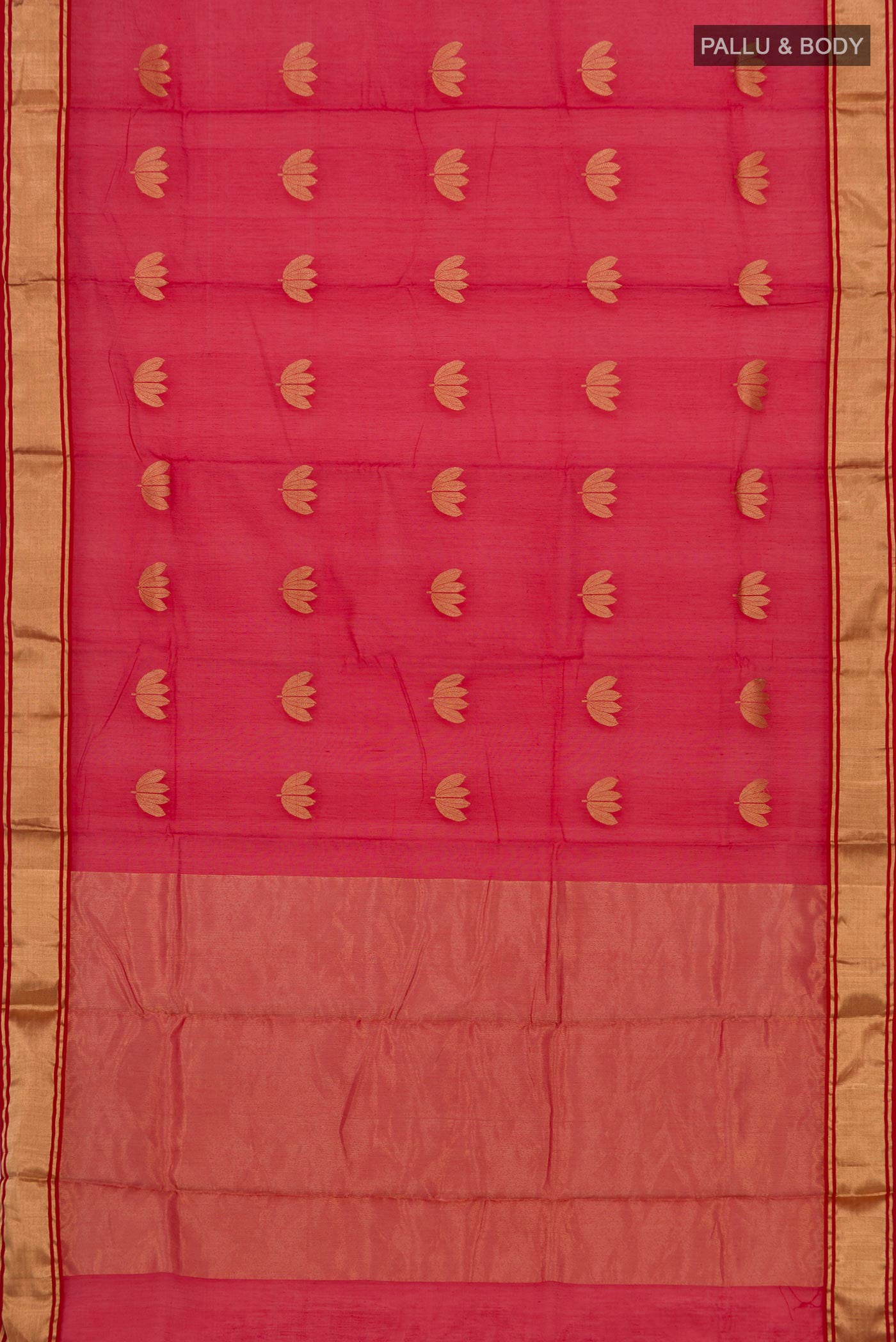 Flat view of Red Chanderi Silk Cotton Saree with Zari Butta on the body and Zari Border. 