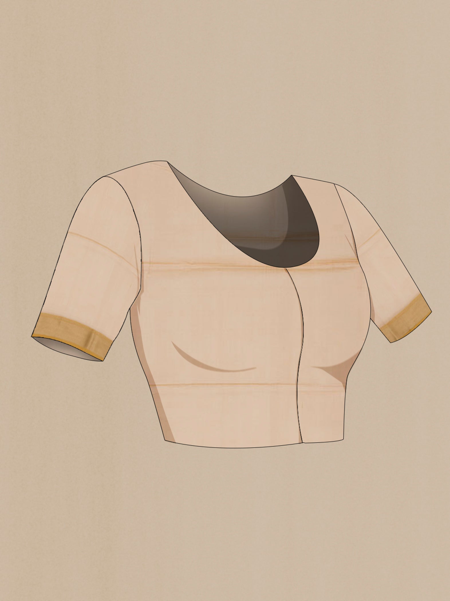 Close up image of the blouse of Mustard Maheshwari Silk Cotton Saree with Plain Body and Thread Border. 