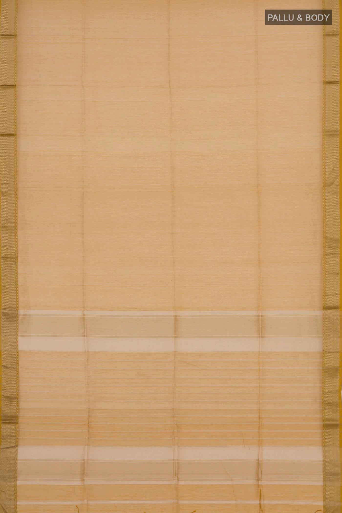 Flat view of Mustard Maheshwari Silk Cotton Saree with Plain Body and Thread Border. 