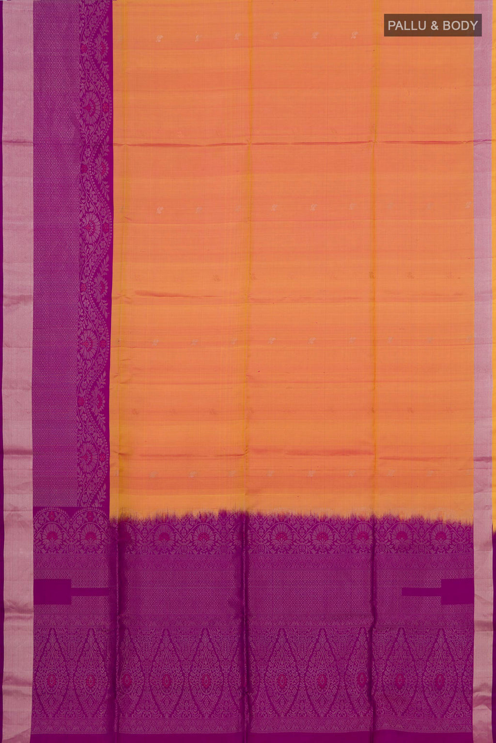Flat view of Yellow Coimbatore Silk Cotton Saree with Zari Butta on the body and Zari Border. 