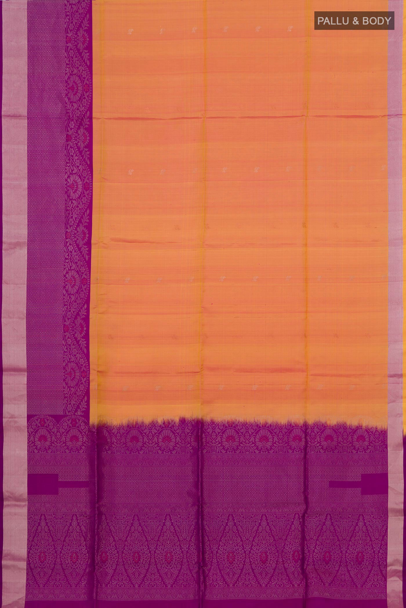 Flat view of Yellow Coimbatore Silk Cotton Saree with Zari Butta on the body and Zari Border. 
