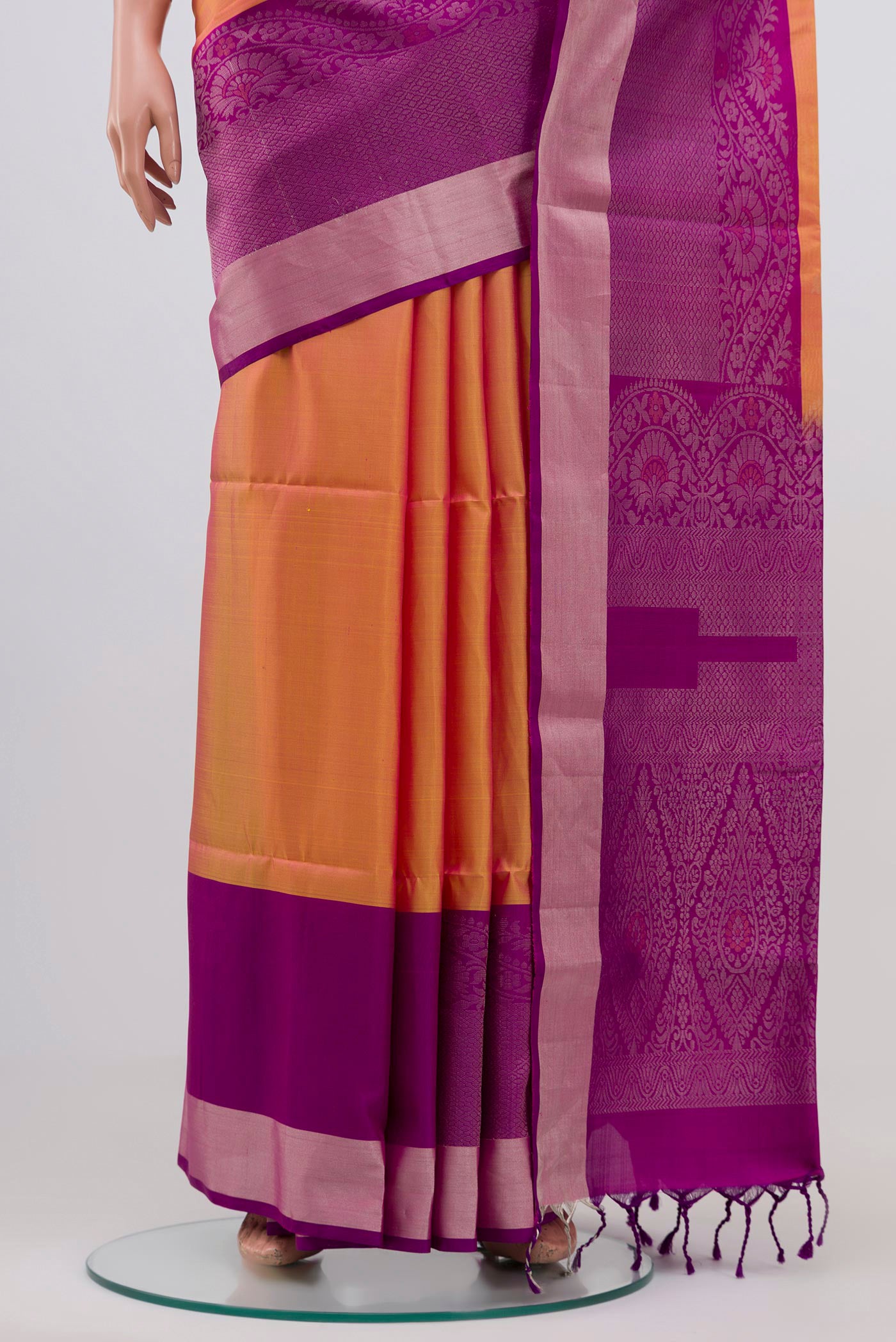 Pleats and pallu of Yellow Coimbatore Silk Cotton Saree with Zari Butta on the body and Zari Border. 