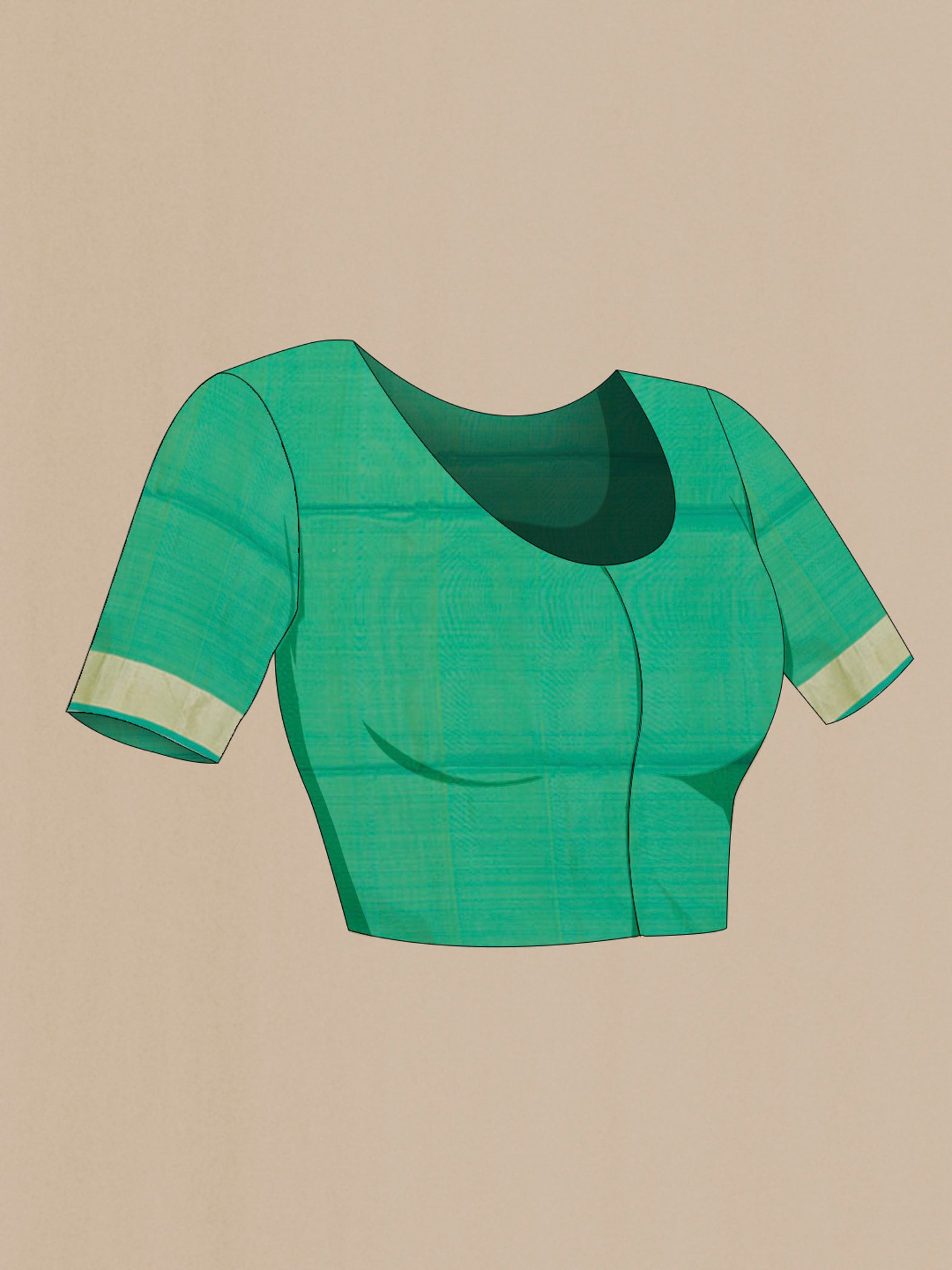 Close up image of the blouse of Parrot Green Soft Silk Saree with Stripes on the body and Zari Border. 