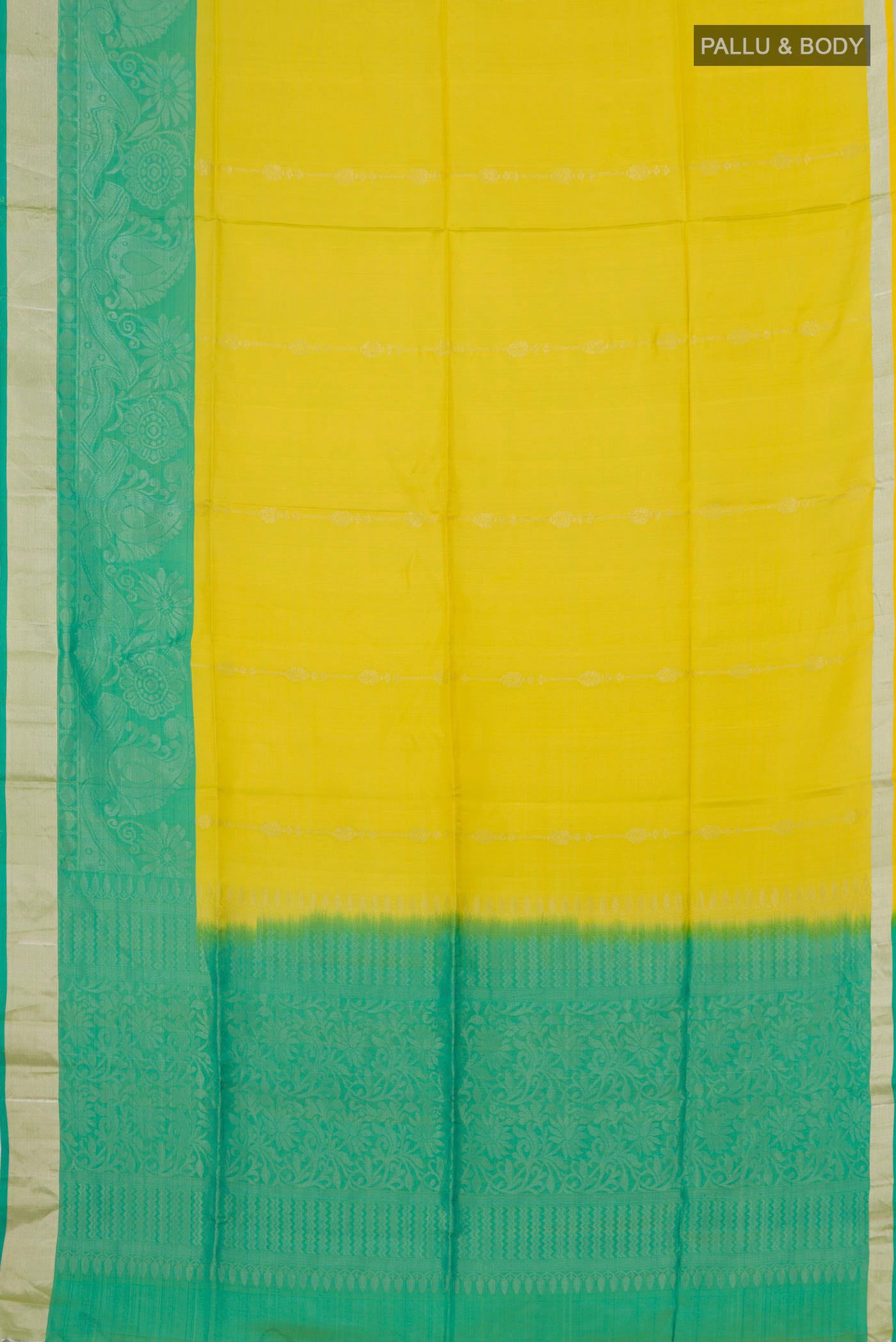 Flat view of Parrot Green Soft Silk Saree with Stripes on the body and Zari Border. 