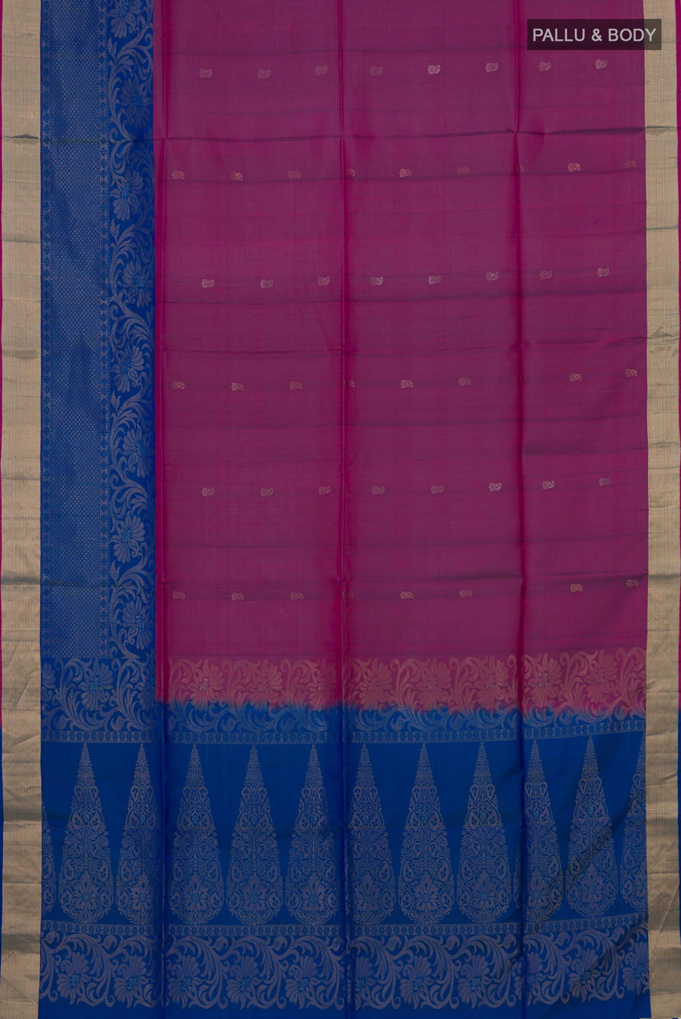 Flat view of Purple Soft Silk Saree with Zari Butta on the body and Fancy Border. 