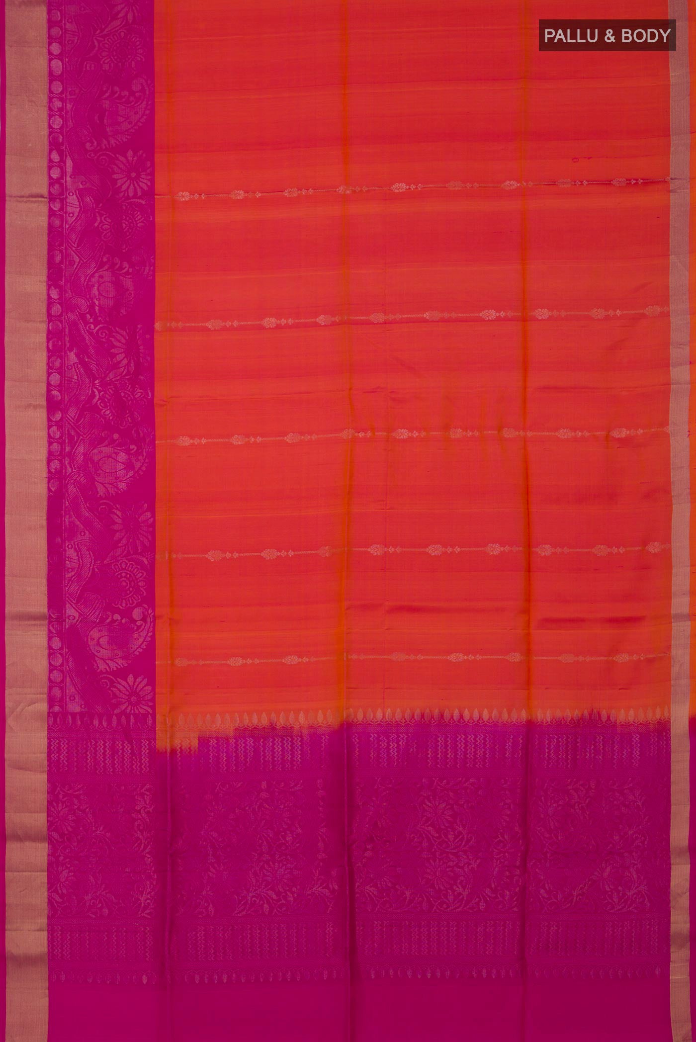 Flat view of Orange Soft Silk Saree with Fancy on the body and Fancy Border. 