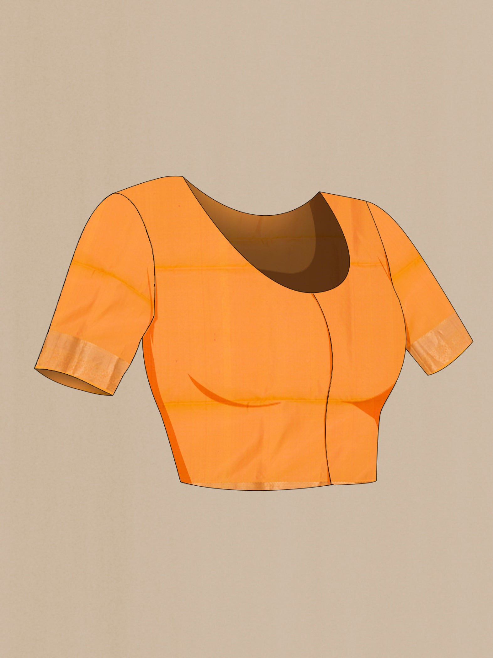 Close up image of the blouse of Peach Soft Silk Saree with Zari Butta on the body and Zari Border. 
