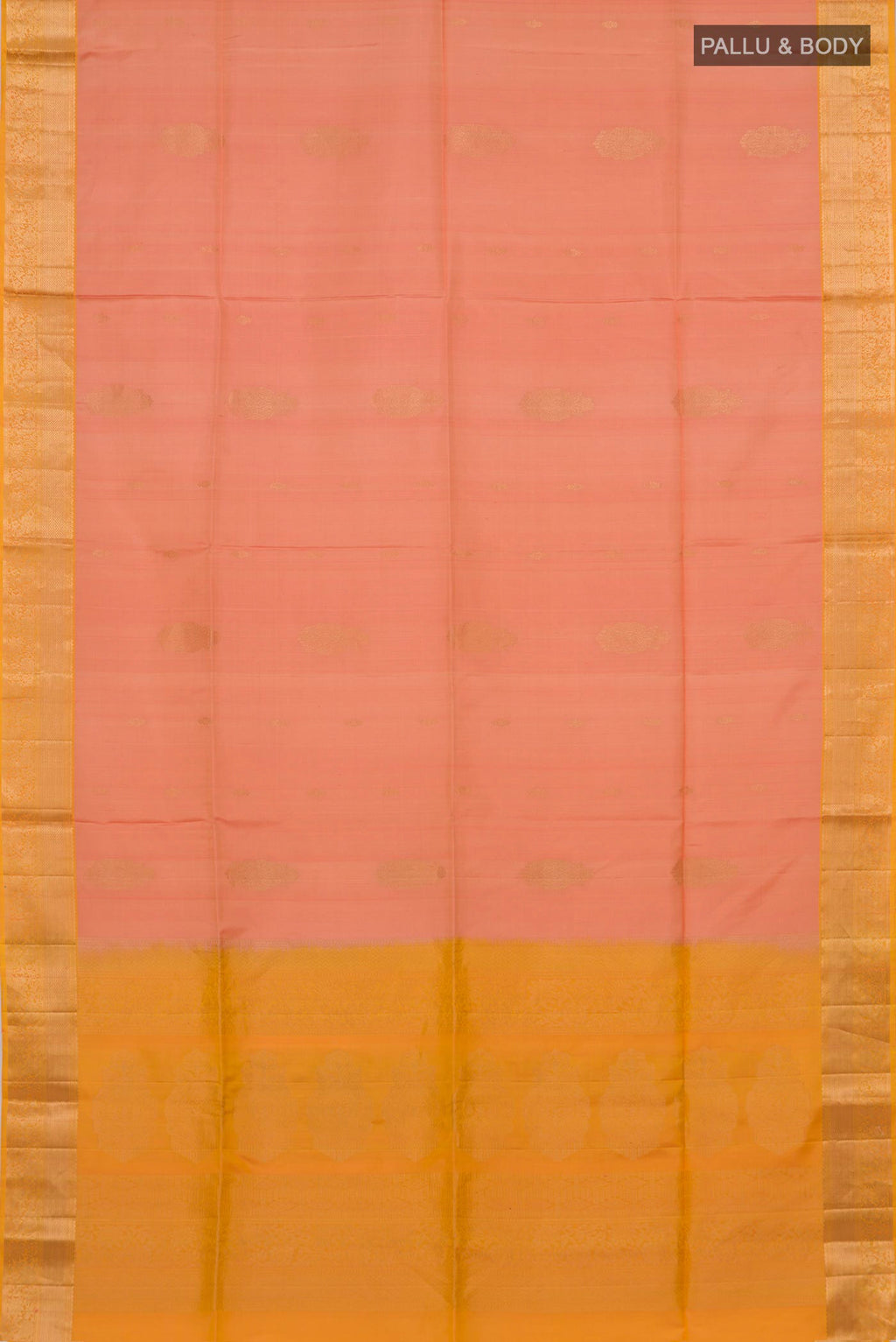 Flat view of Peach Soft Silk Saree with Zari Butta on the body and Zari Border. 
