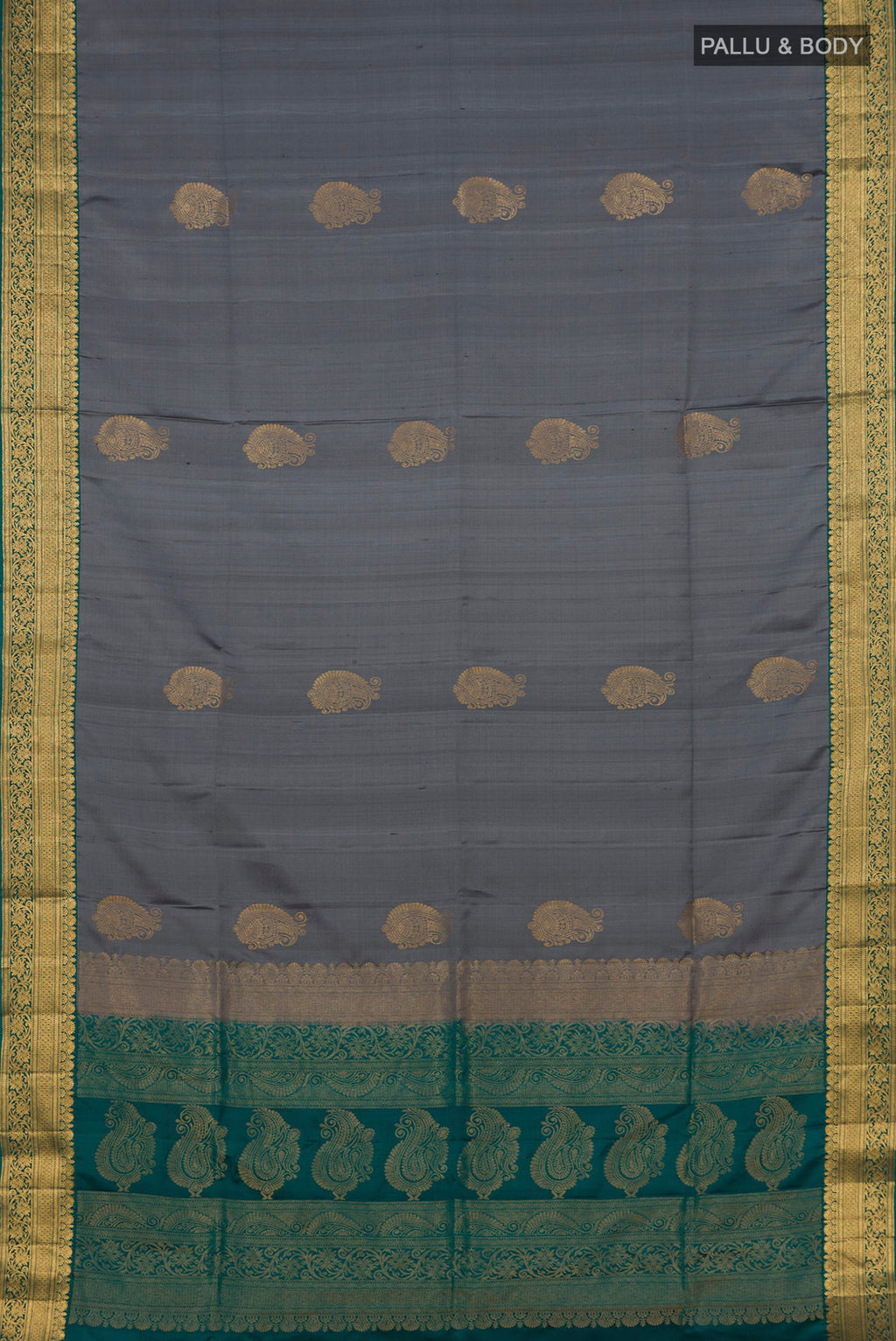 Flat view of Grey Soft Silk Saree with Zari Butta on the body and Zari Border. 