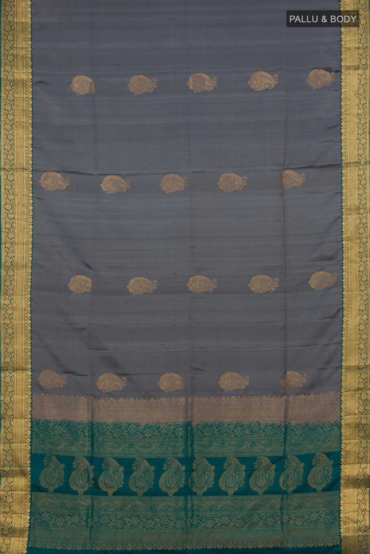 Flat view of Grey Soft Silk Saree with Zari Butta on the body and Zari Border. 