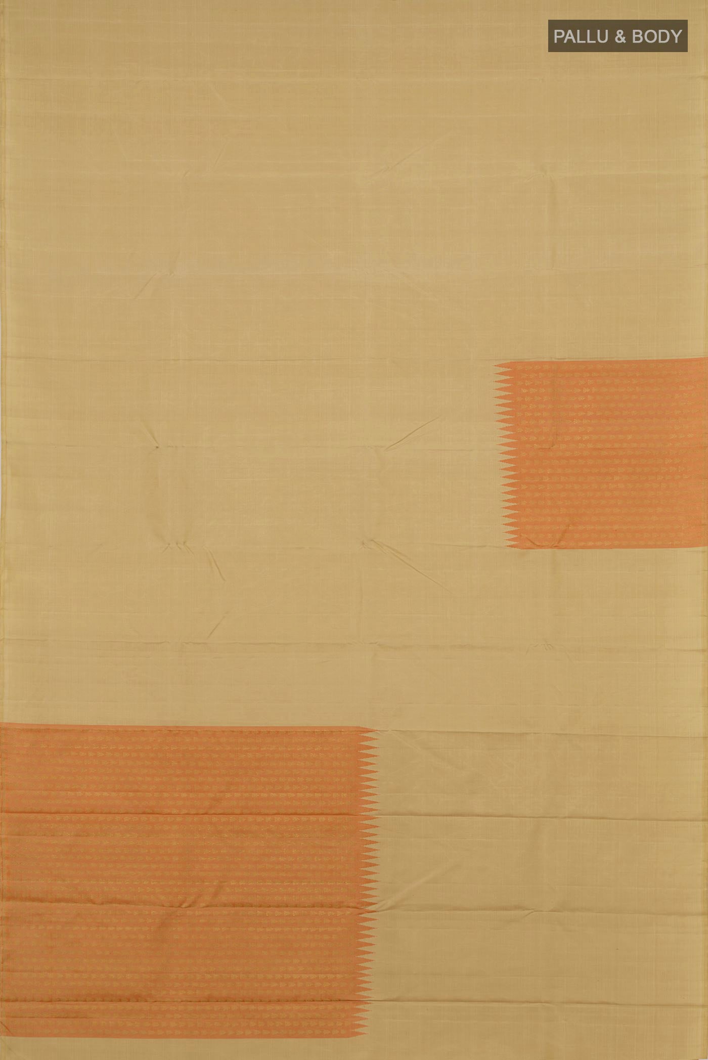 Flat view of Beige Kanjivaram Silk Saree with Fancy on the body and Without Border. 