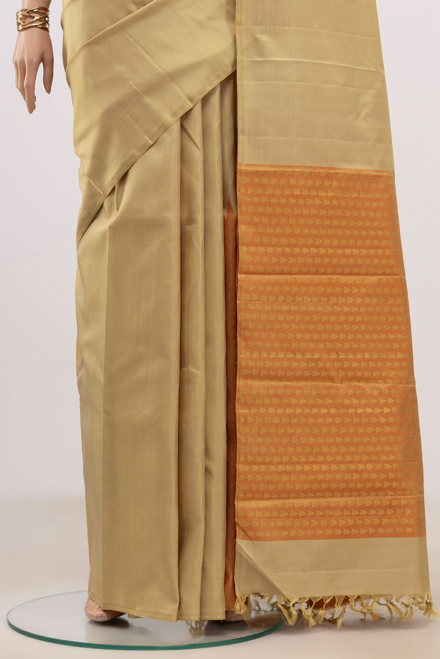 Pleats and pallu of Beige Kanjivaram Silk Saree with Fancy on the body and Without Border. 