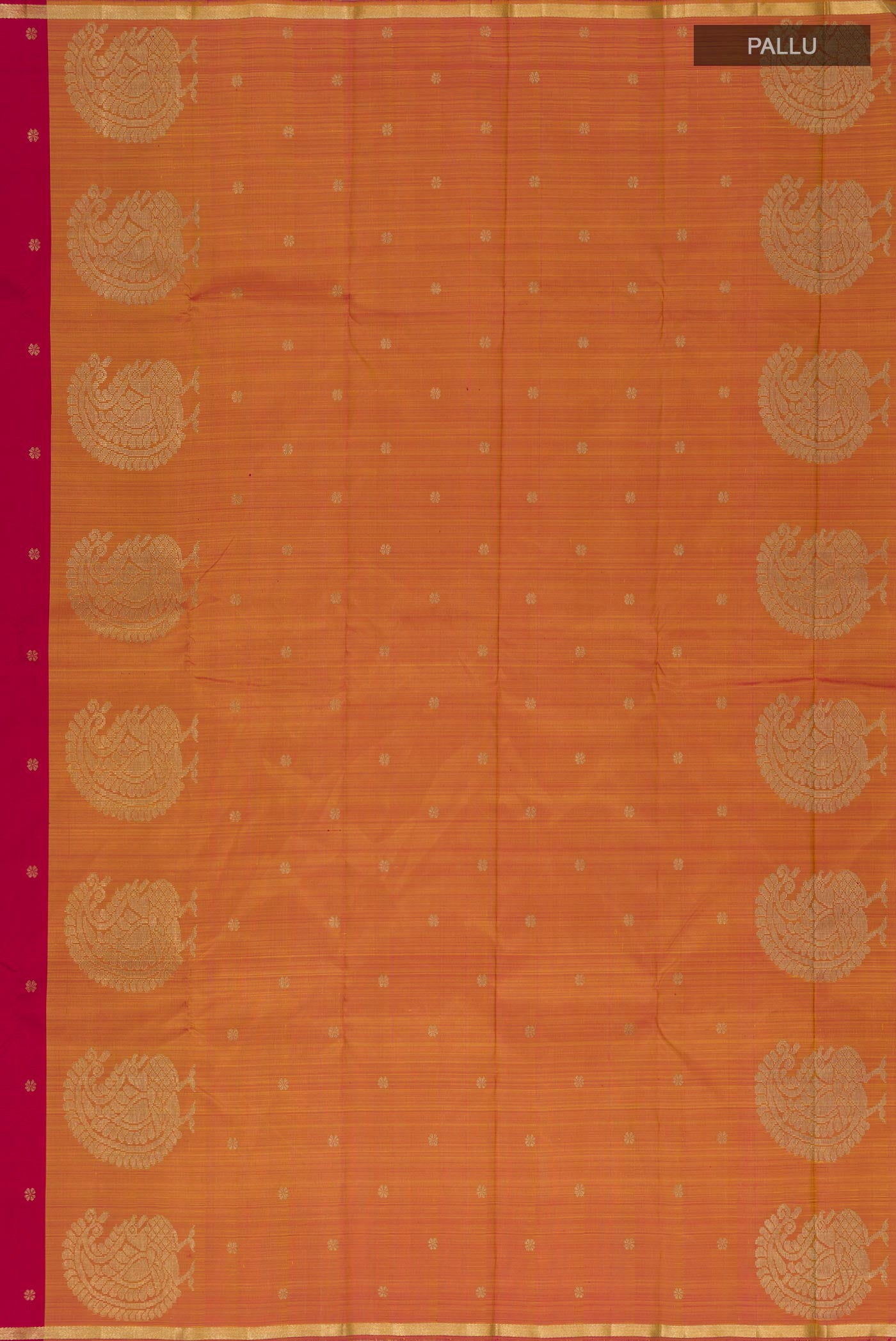 Close up image of the pallu of Pure Silk Pure Zari Multi Color Kanchipuram Saree with Zari Butta on the body and Thin Zari Line. 