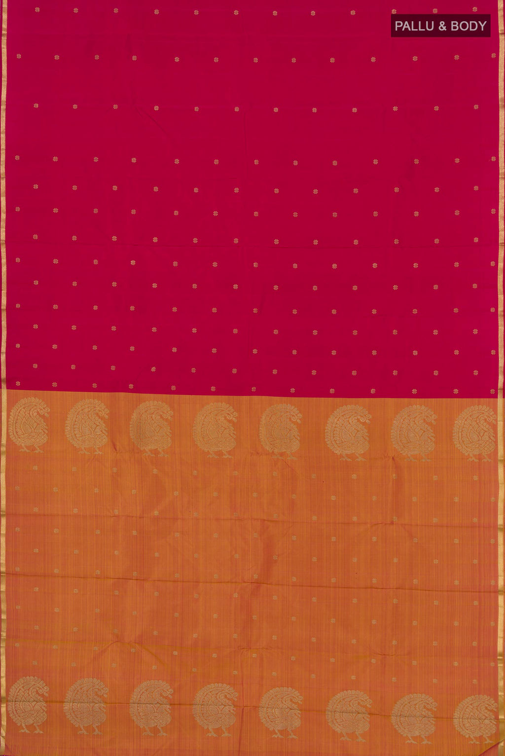 Flat view of Pure Silk Pure Zari Multi Color Kanchipuram Saree with Zari Butta on the body and Thin Zari Line. 