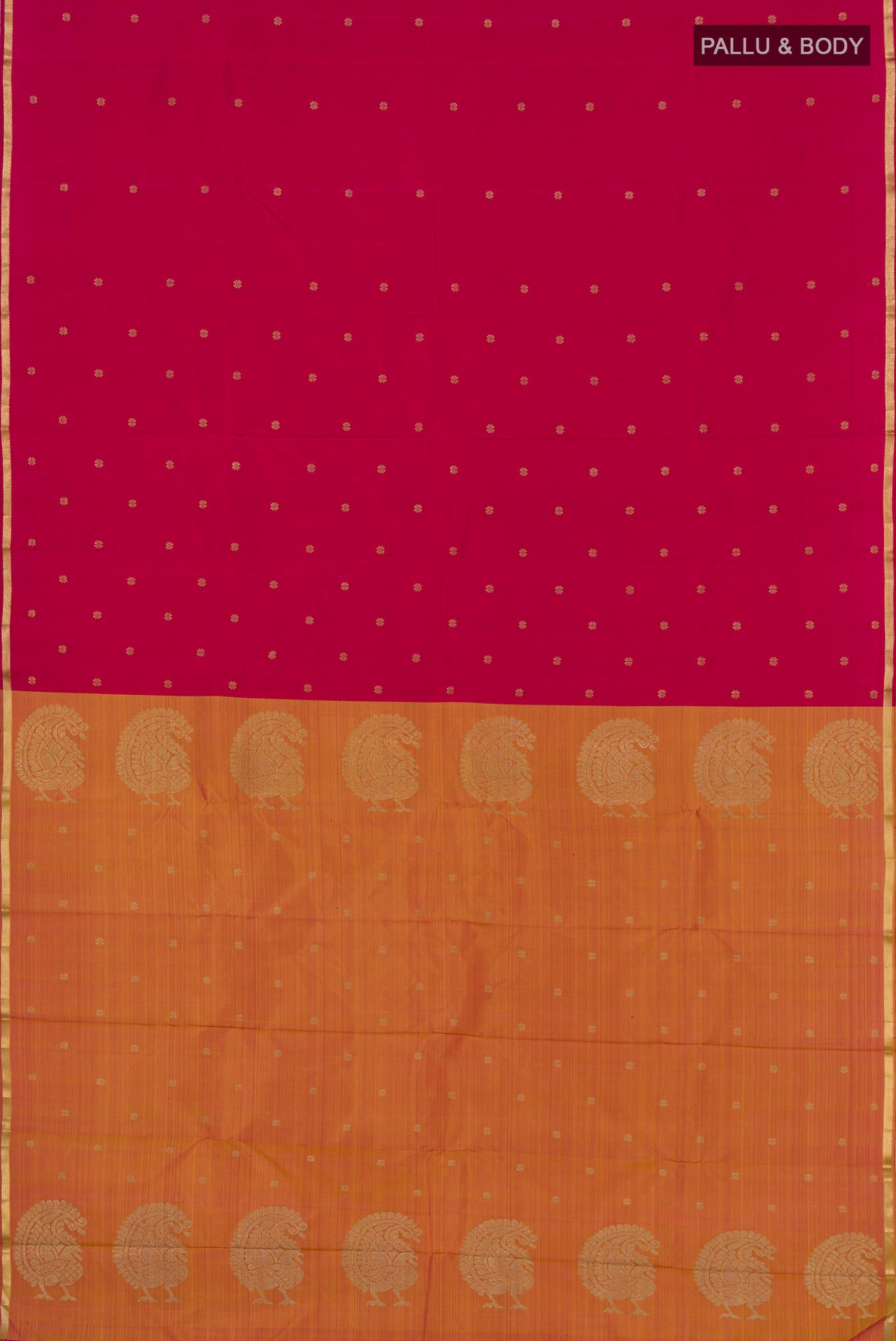 Flat view of Pure Silk Pure Zari Multi Color Kanchipuram Saree with Zari Butta on the body and Thin Zari Line. 