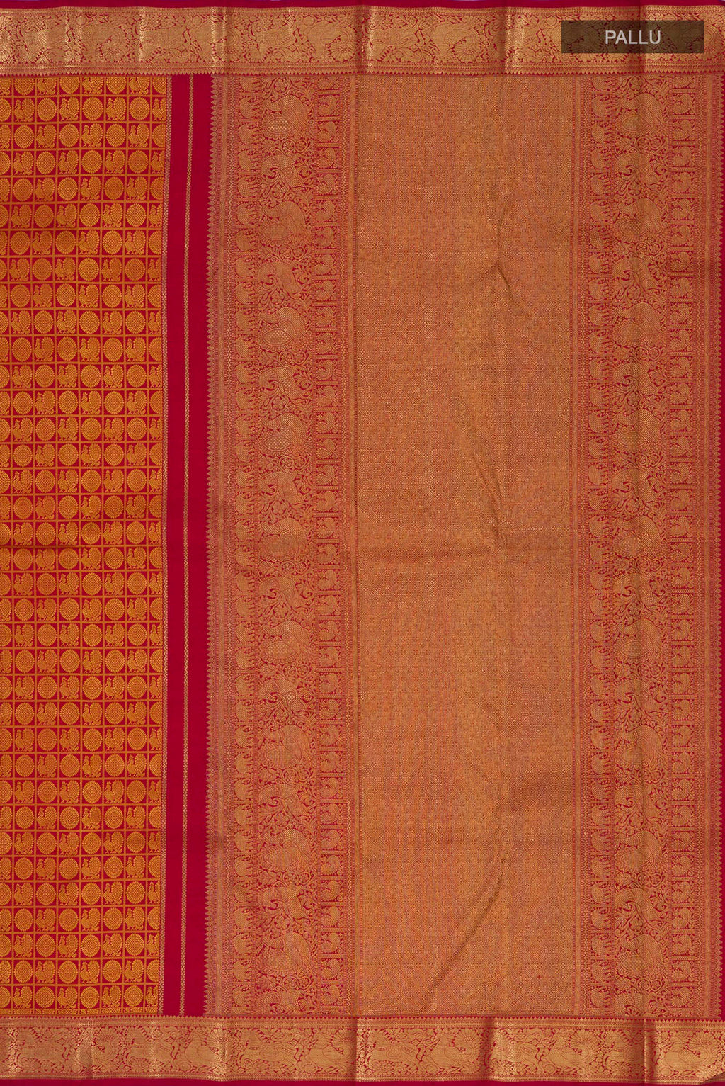 Close up image of the pallu of Maroon Kanjivaram Silk Saree with Jacquard design on the body and Zari Border. 