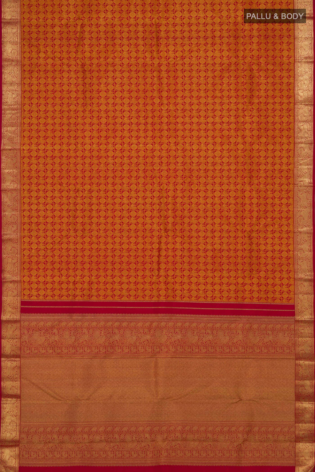 Flat view of Maroon Kanjivaram Silk Saree with Jacquard design on the body and Zari Border. 