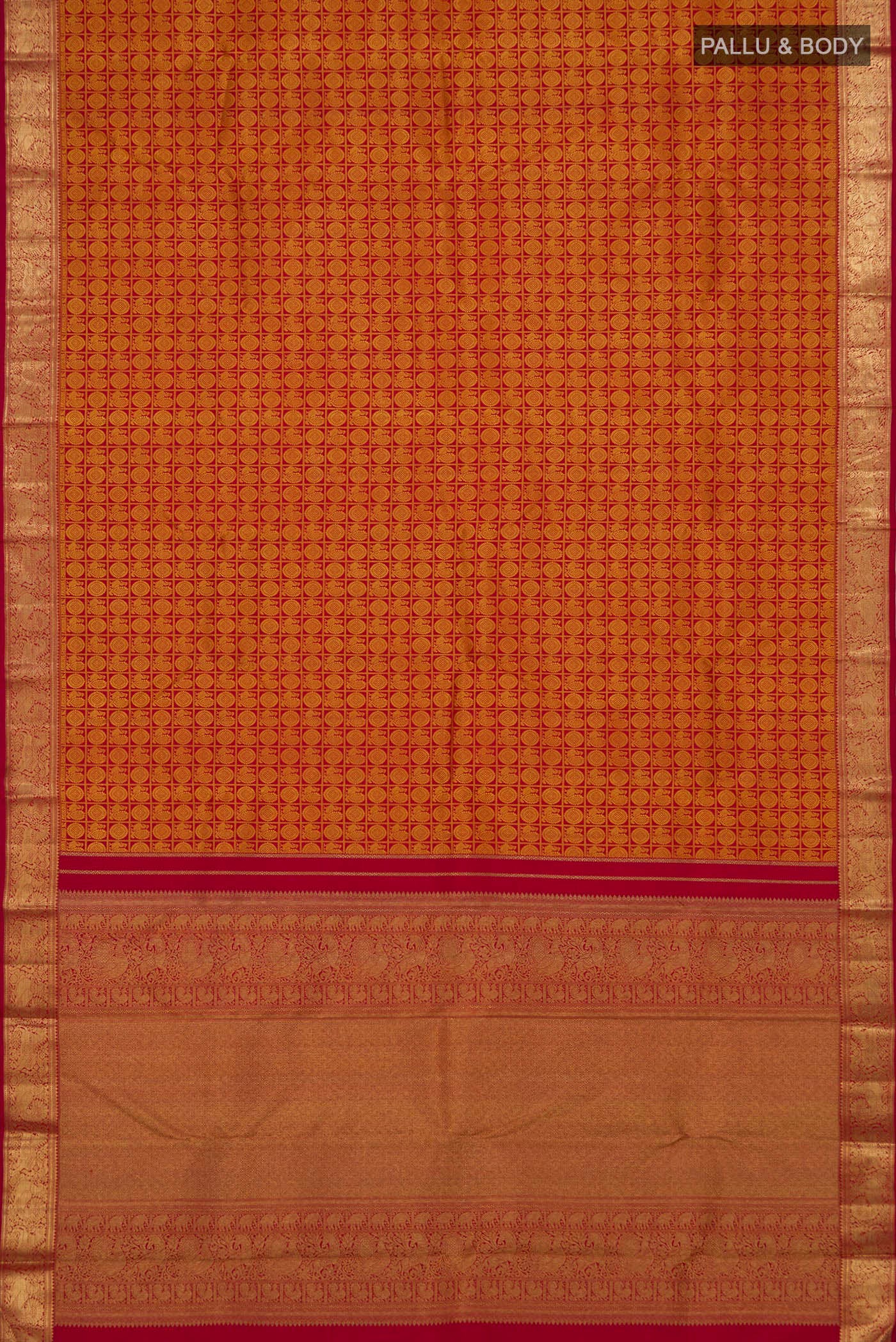 Flat view of Maroon Kanjivaram Silk Saree with Jacquard design on the body and Zari Border. 