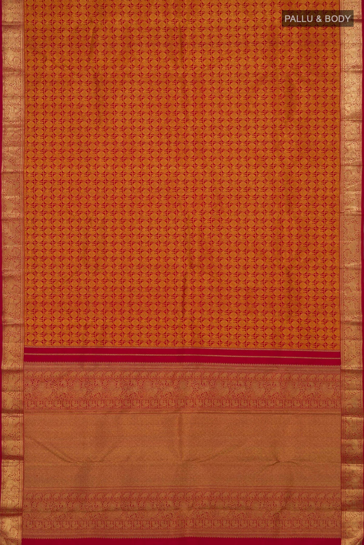 Flat view of Maroon Kanjivaram Silk Saree with Jacquard design on the body and Zari Border. 