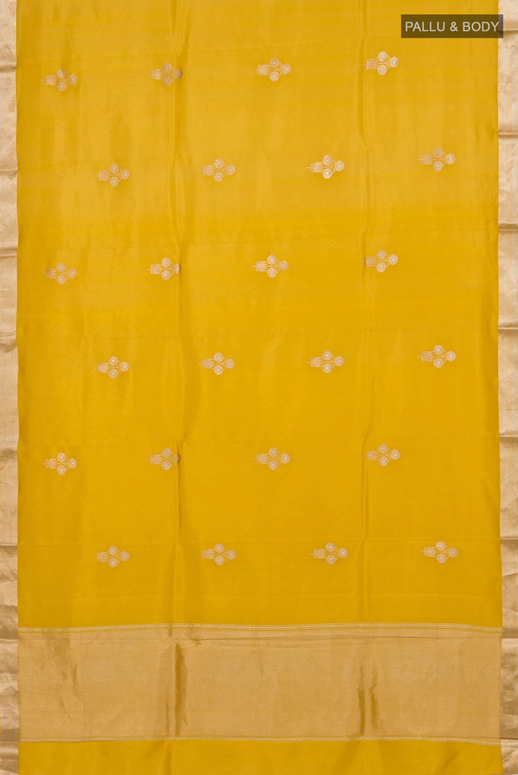Flat view of Pure Silk Yellow Banarasi Katan Saree with Zari Butta on the body and Zari Border. 