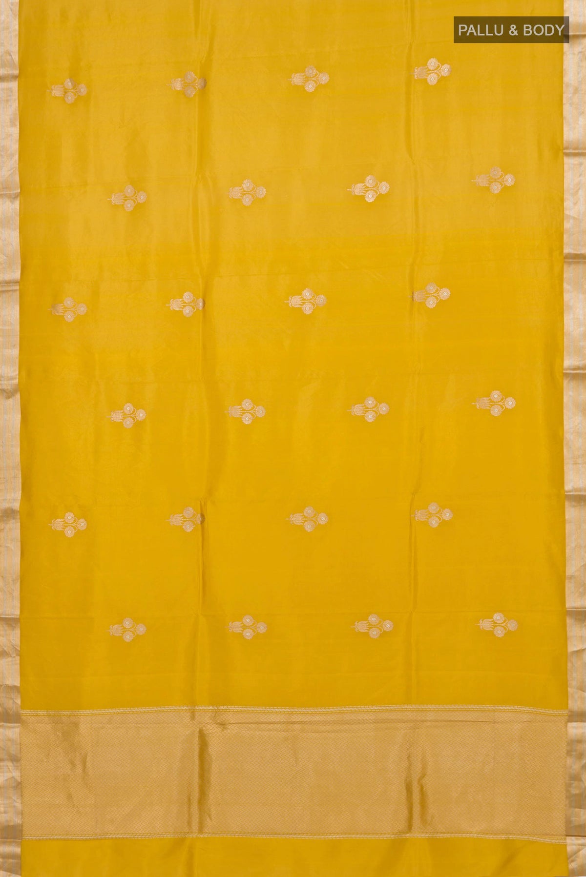 Flat view of Pure Silk Yellow Banarasi Katan Saree with Zari Butta on the body and Zari Border. 