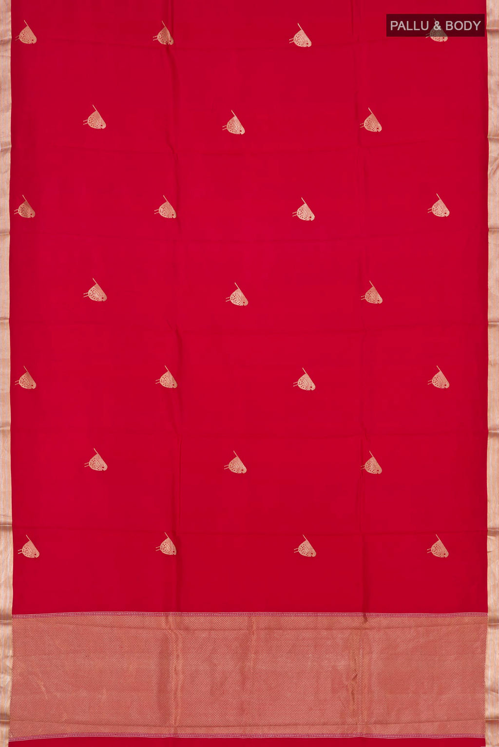 Flat view of Red Banarasi Katan Silk Saree with Zari Butta on the body and Zari Border. 