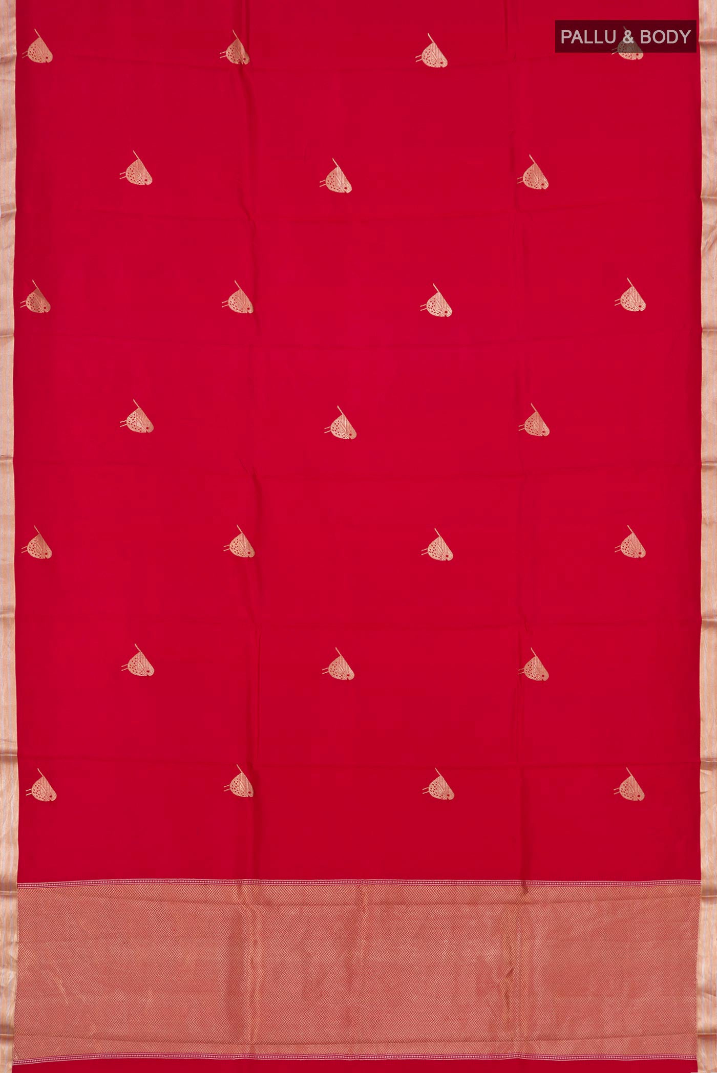 Flat view of Red Banarasi Katan Silk Saree with Zari Butta on the body and Zari Border. 
