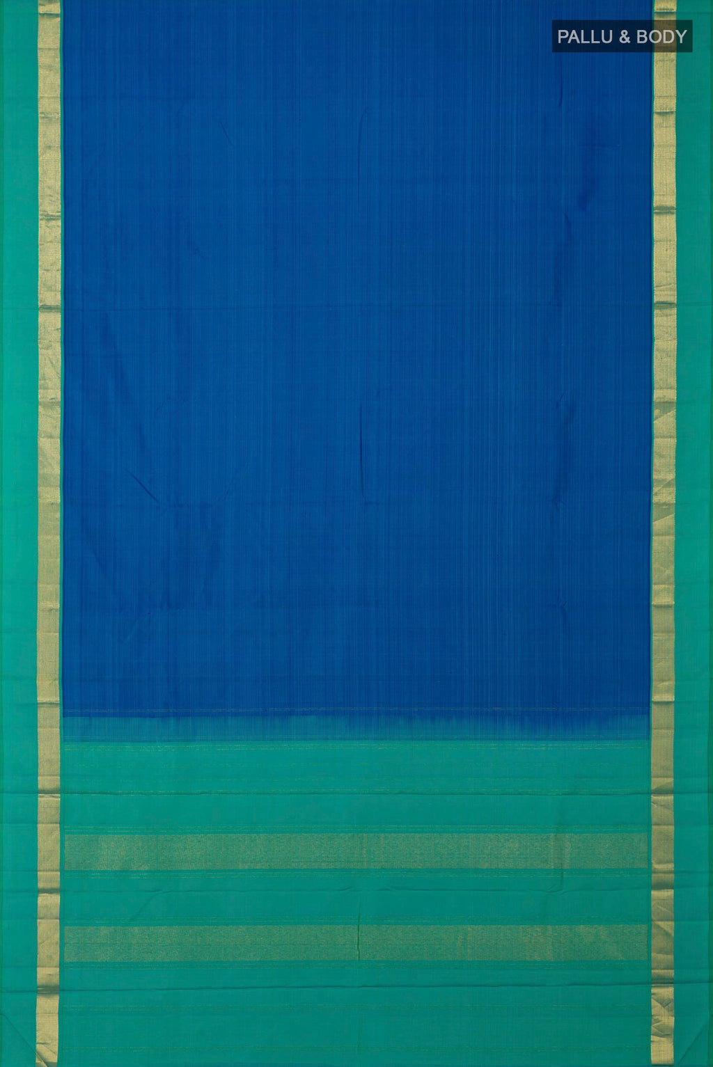 Flat view of Pure Silk Pure Zari Blue Kanjivaram Saree with Plain Body and Zari Border. 