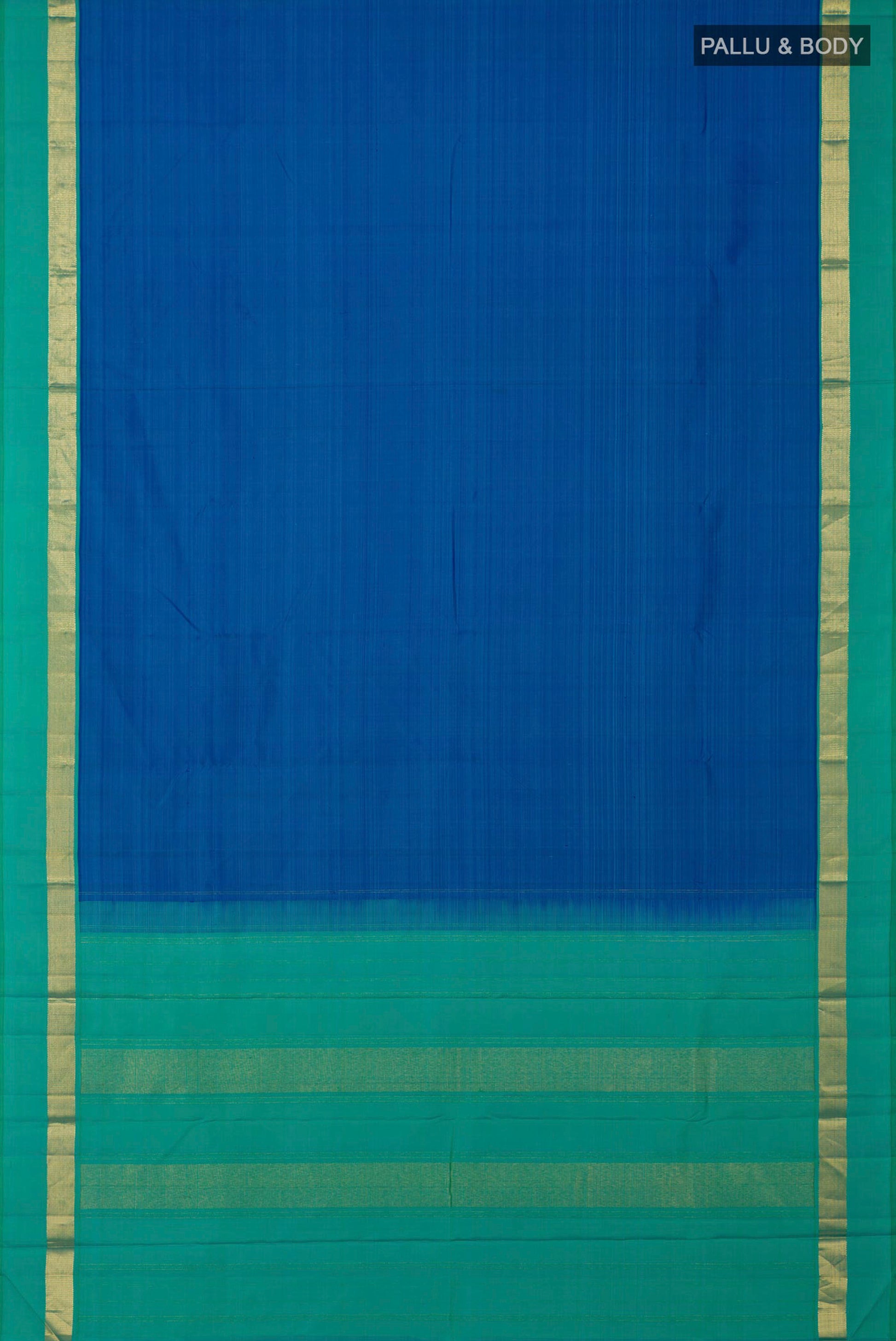 Flat view of Pure Silk Pure Zari Blue Kanjivaram Saree with Plain Body and Zari Border. 