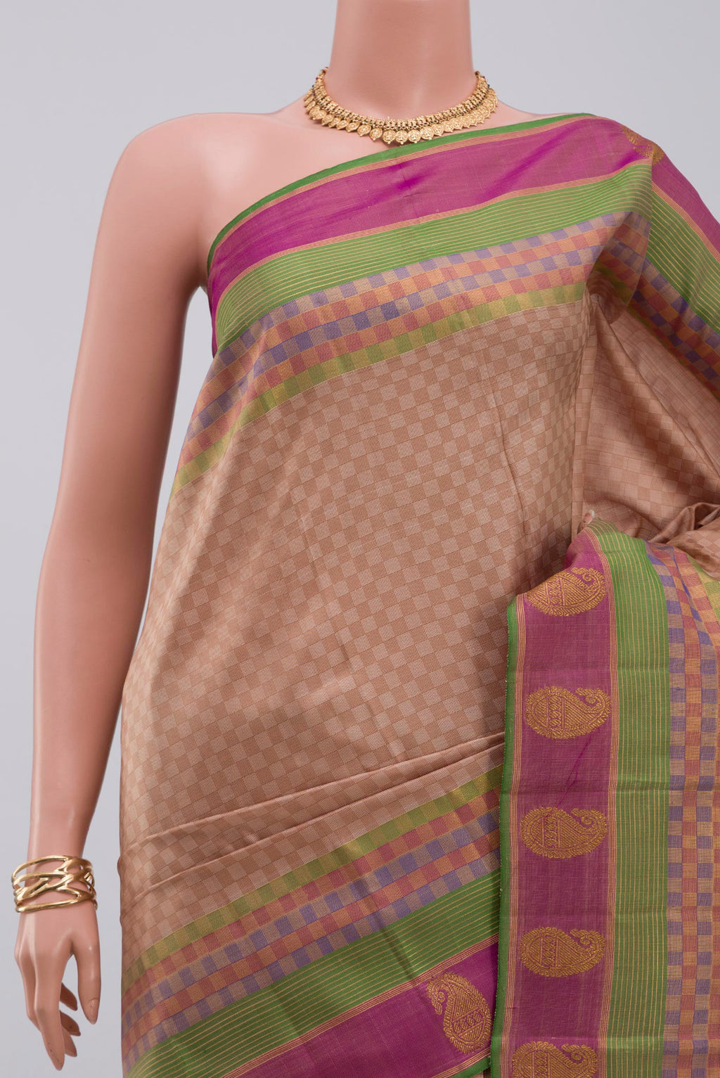 Border image of Pure Silk Pure Zari Beige Kanjivaram Saree with Checked design on the body and Zari Border. 