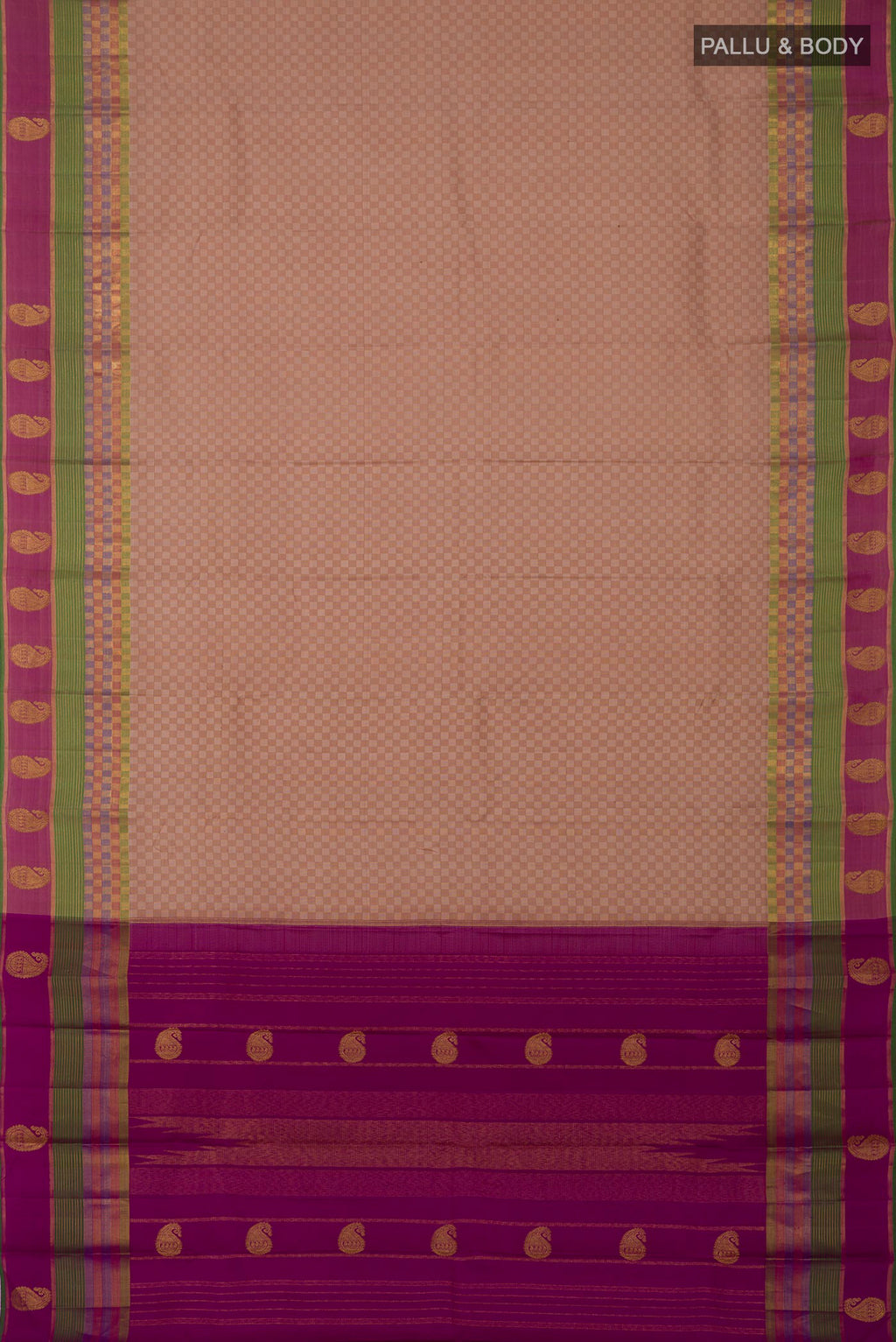 Flat view of Pure Silk Pure Zari Beige Kanjivaram Saree with Checked design on the body and Zari Border. 