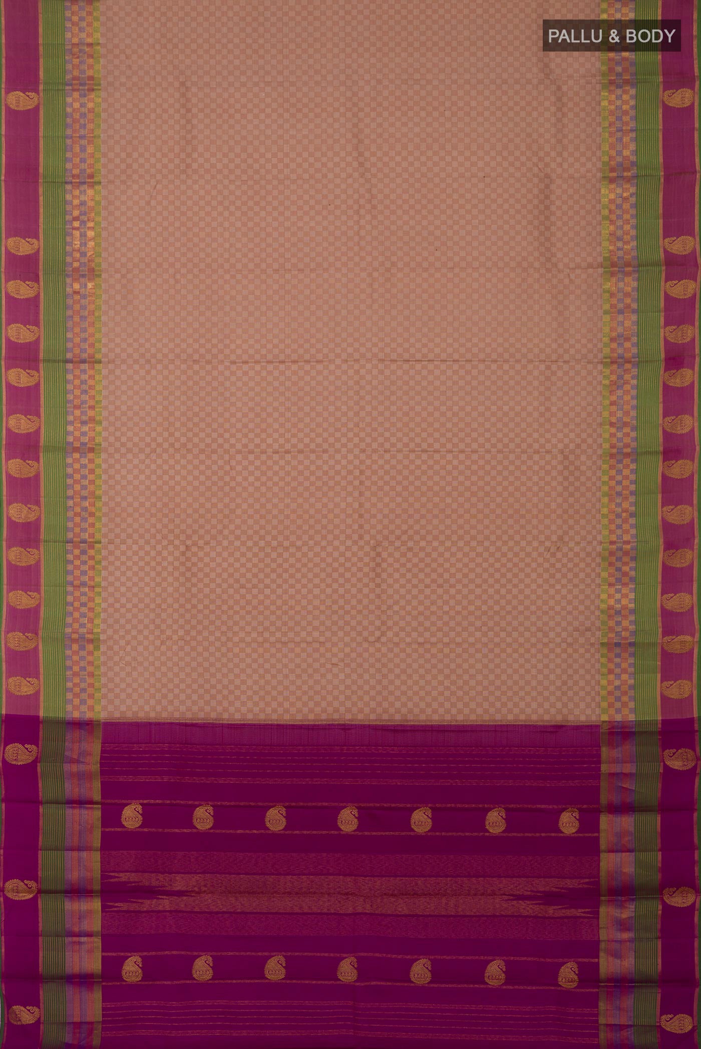 Flat view of Pure Silk Pure Zari Beige Kanjivaram Saree with Checked design on the body and Zari Border. 